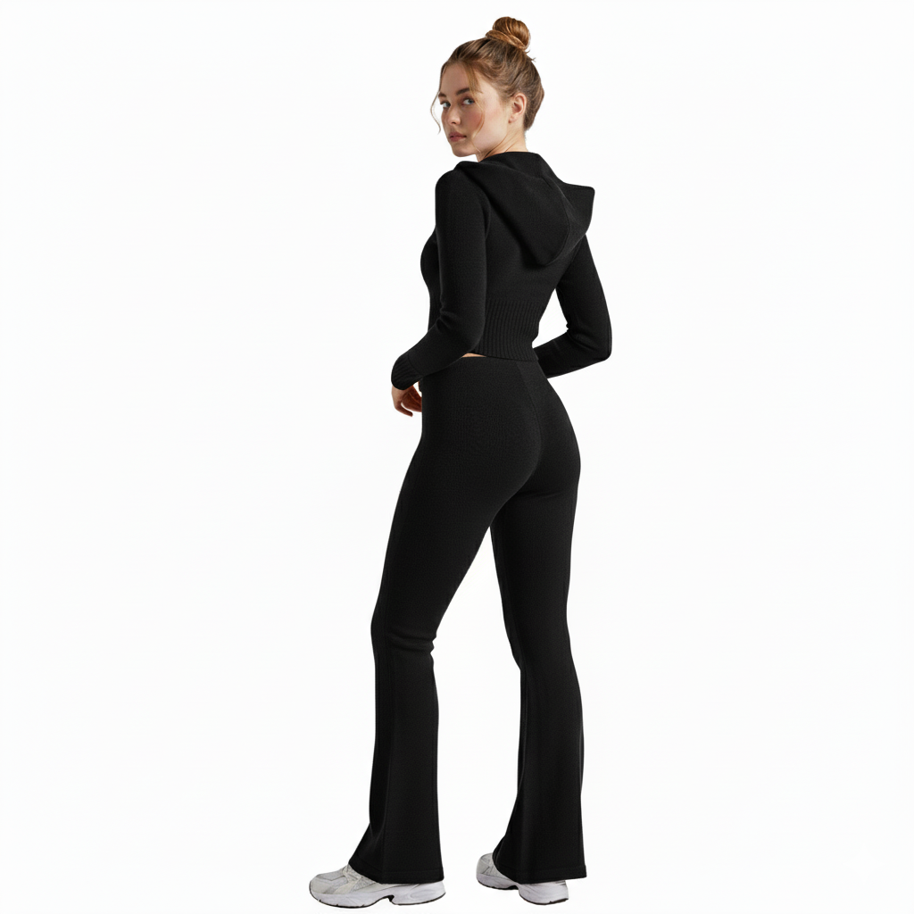 Two Piece Lounge Set With Zip Front Hoodie And Ribbed Knit Pants