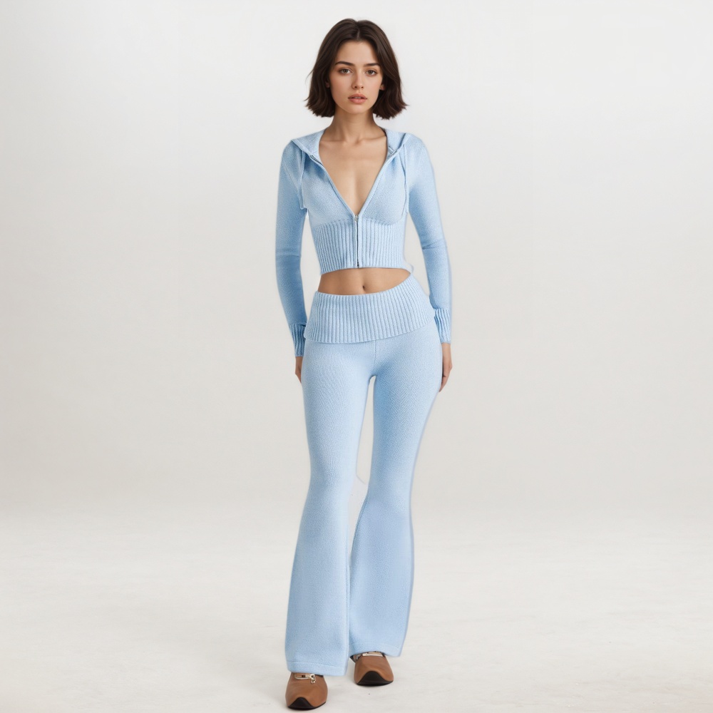 Two Piece Lounge Set With Zip Front Hoodie And Ribbed Knit Pants