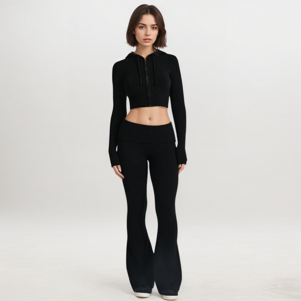 Two Piece Lounge Set With Zip Front Hoodie And Ribbed Knit Pants