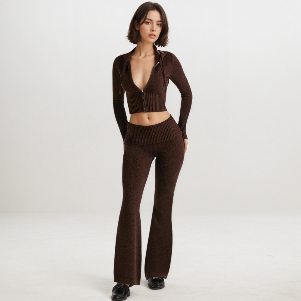 Two Piece Lounge Set With Zip Front Hoodie And Ribbed Knit Pants