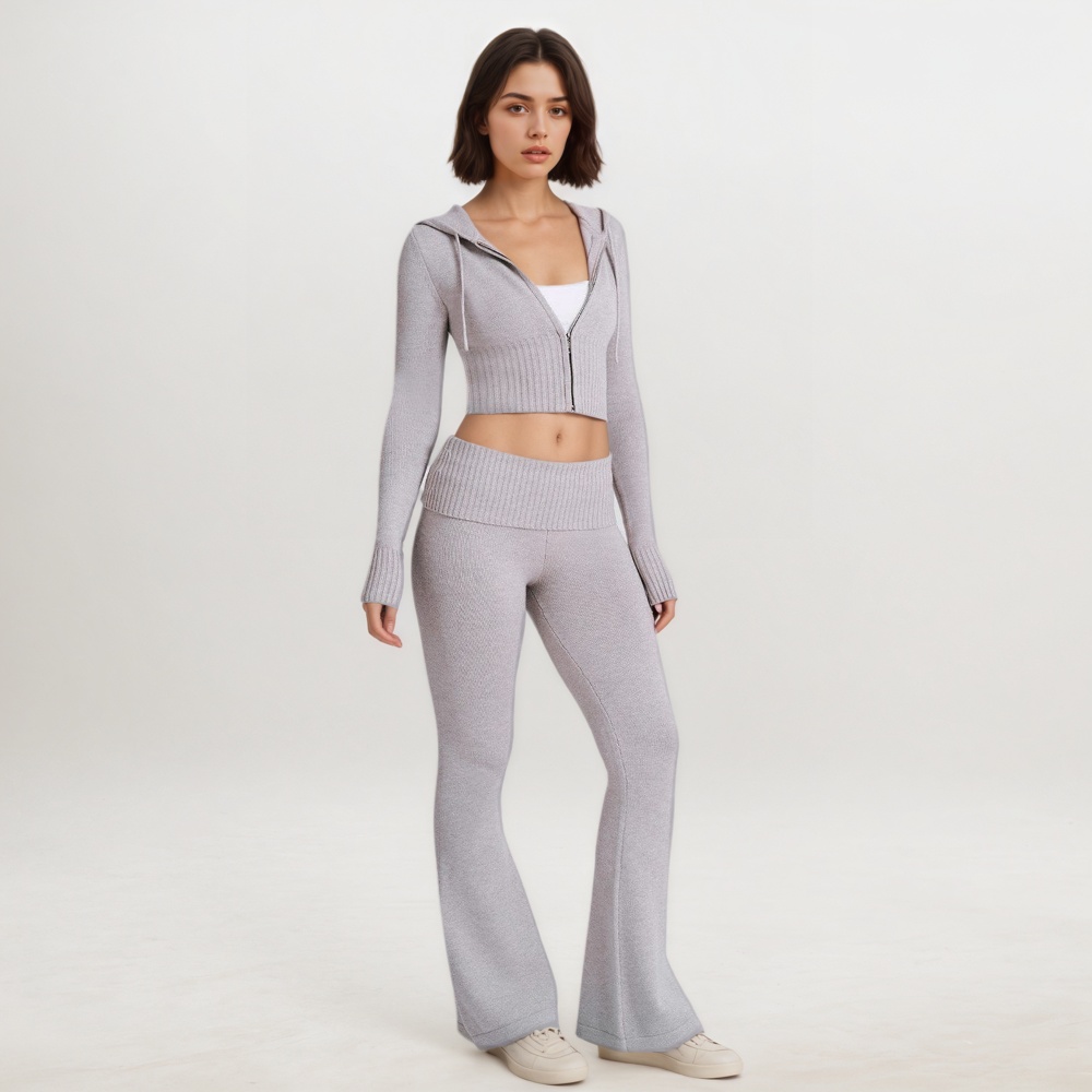 Two Piece Lounge Set With Zip Front Hoodie And Ribbed Knit Pants