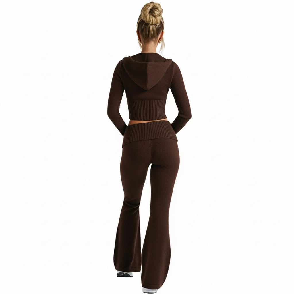 Two Piece Lounge Set With Zip Front Hoodie And Ribbed Knit Pants