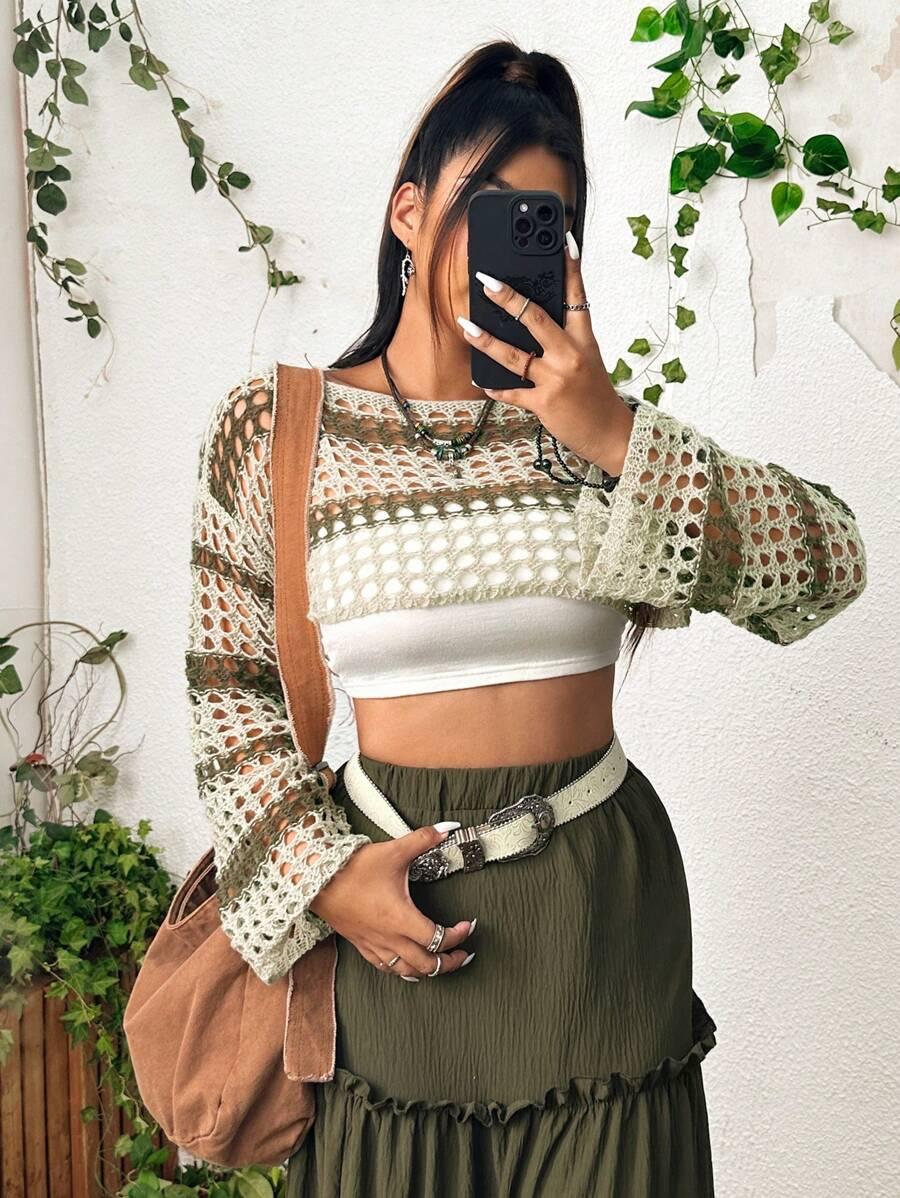 Two Tone Open Knit Crop Sweater