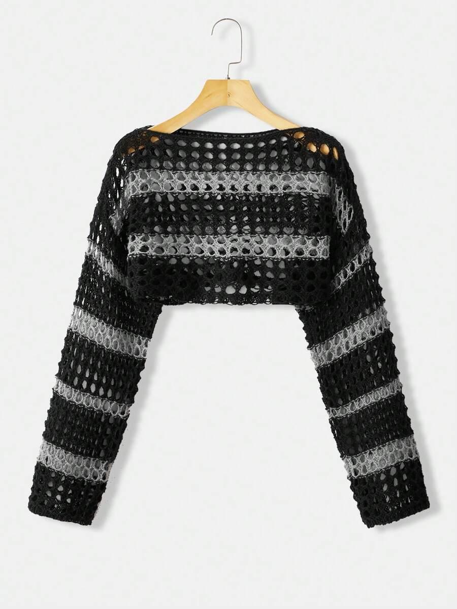Two Tone Open Knit Crop Sweater