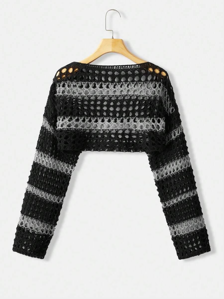 Two Tone Open Knit Crop Sweater
