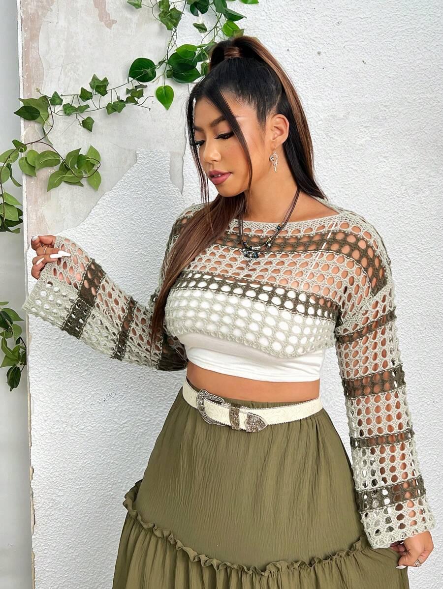 Two Tone Open Knit Crop Sweater