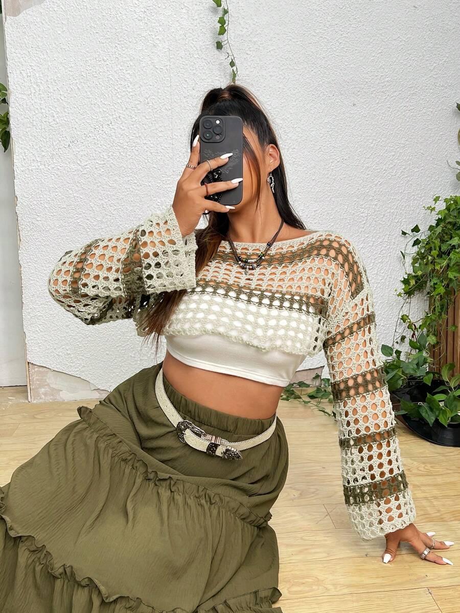 Two Tone Open Knit Crop Sweater