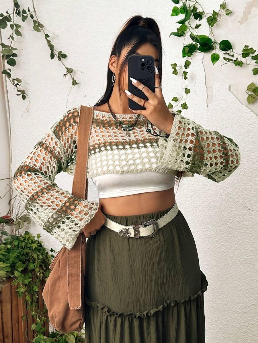 Two Tone Open Knit Crop Sweater