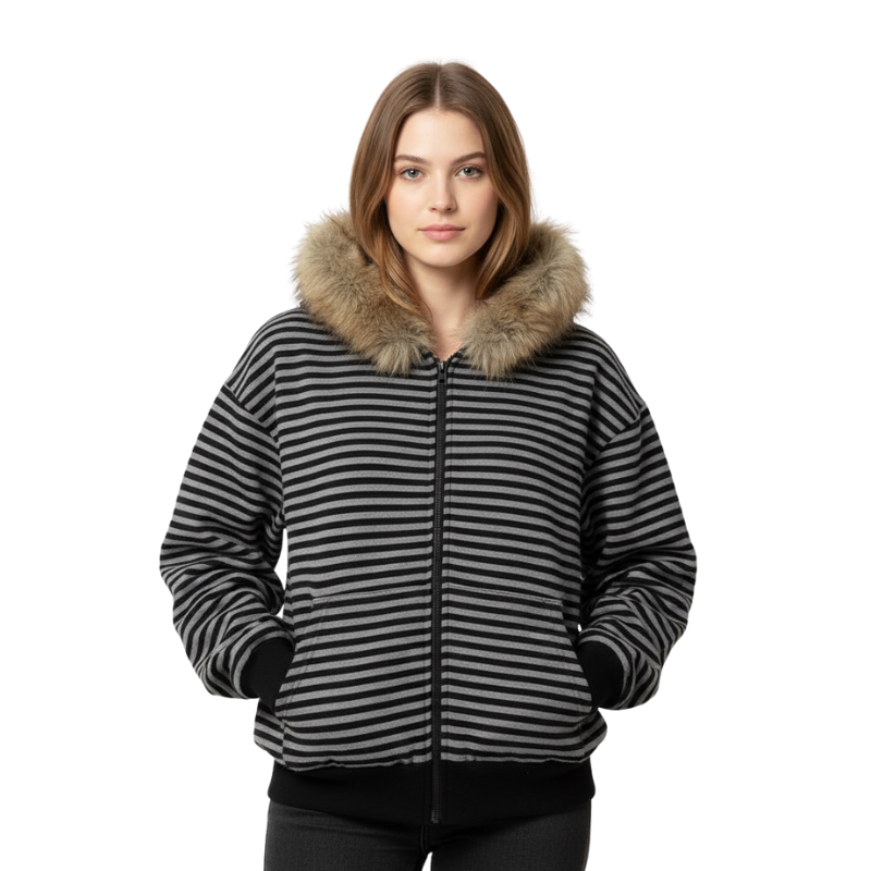 Faux Fur Trim Polka Dot Zip Up Hoodie For Women