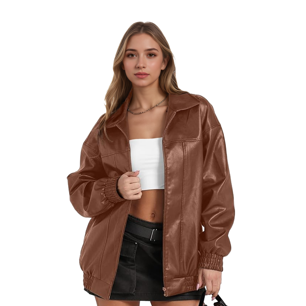 Women Oversized Faux Leather Motorcycle Zip Up Jacket