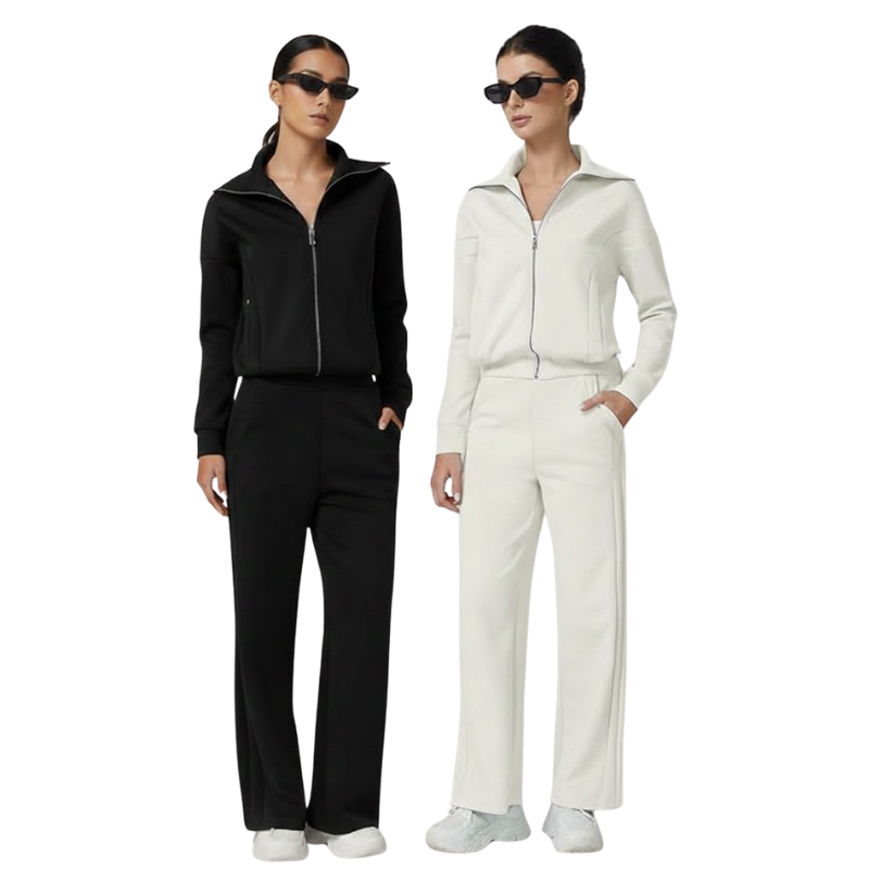 Womens Cotton 2 Piece Outfits Lapel Long Sleeve Zip Up Sweatshirt