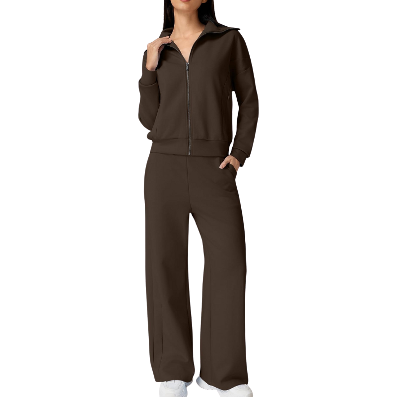 Womens Cotton 2 Piece Outfits Lapel Long Sleeve Zip Up Sweatshirt