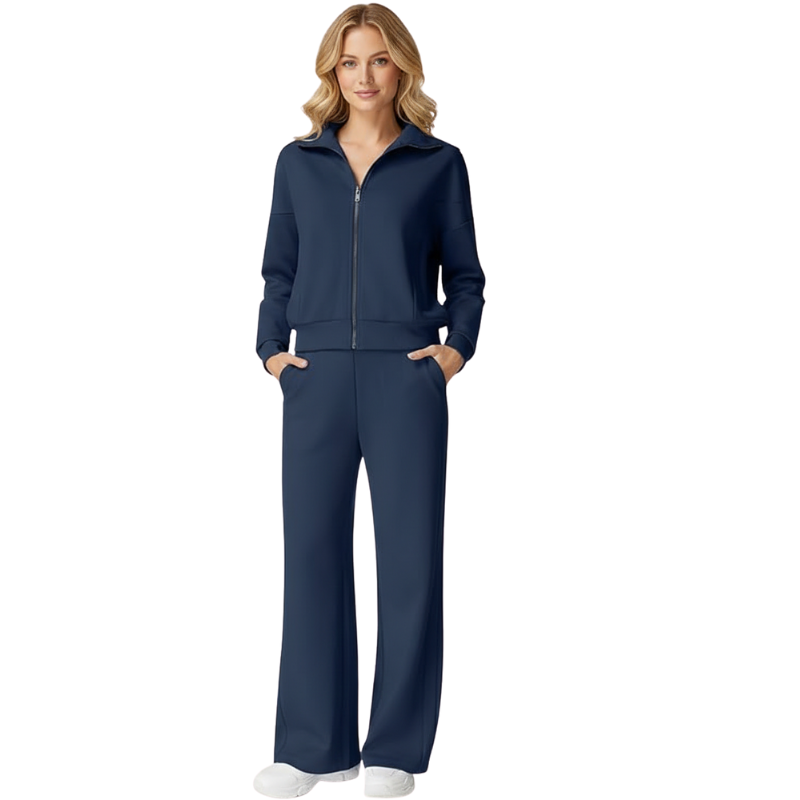 Womens Cotton 2 Piece Outfits Lapel Long Sleeve Zip Up Sweatshirt