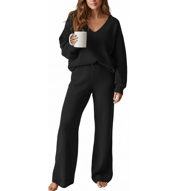 Women 2 Piece Outfits Casual V Neck Knit Wide Leg Sweater Lounge Set