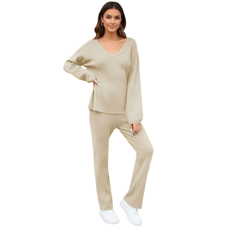Women 2 Piece Outfits Casual V Neck Knit Wide Leg Sweater Lounge Set