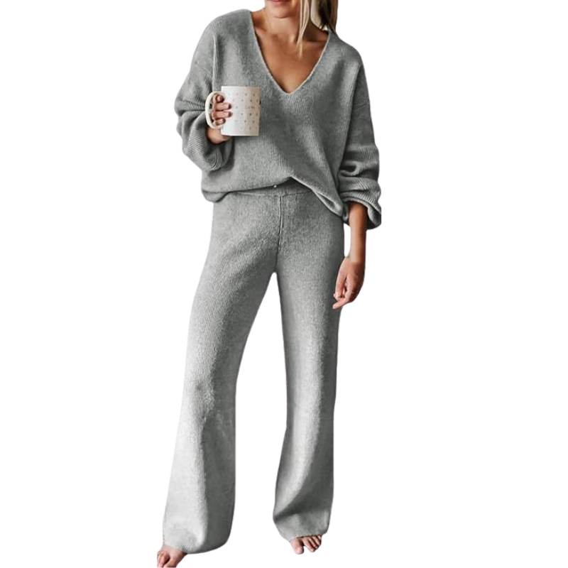Women 2 Piece Outfits Casual V Neck Knit Wide Leg Sweater Lounge Set