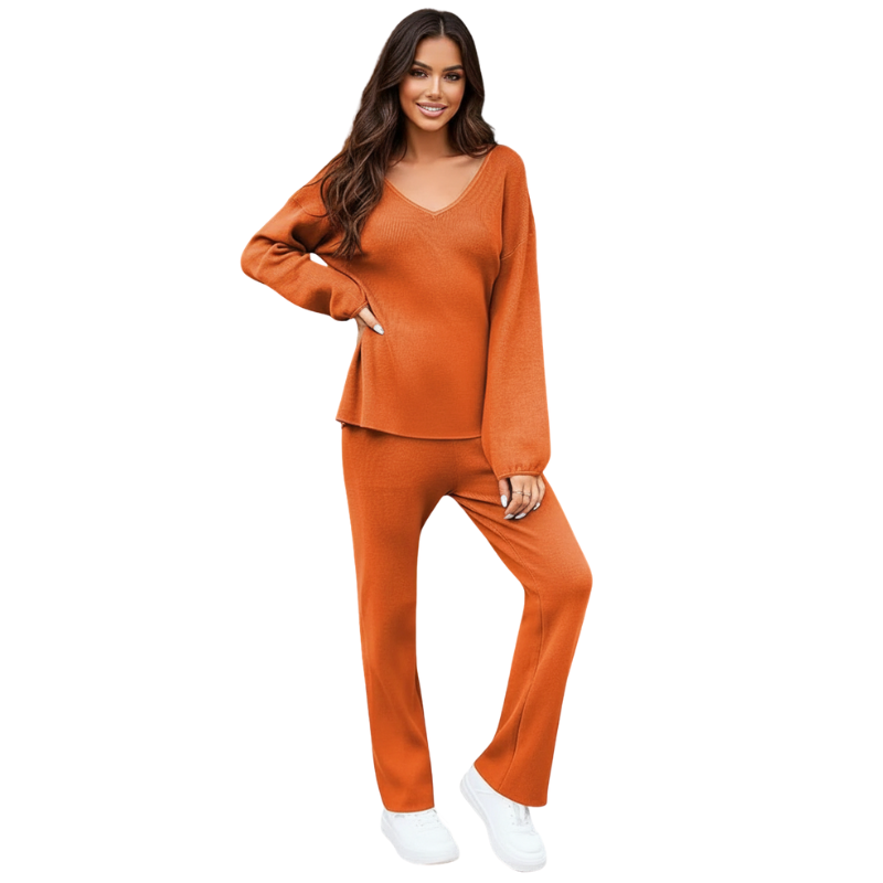 Women 2 Piece Outfits Casual V Neck Knit Wide Leg Sweater Lounge Set
