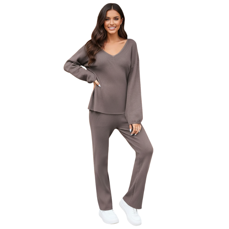 Women 2 Piece Outfits Casual V Neck Knit Wide Leg Sweater Lounge Set