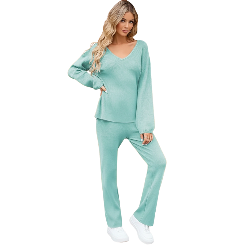 Women 2 Piece Outfits Casual V Neck Knit Wide Leg Sweater Lounge Set