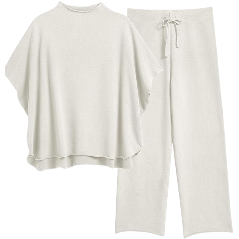 Womens Two Piece Outfits Batwing Sleeve Capelet Crew Neck Pullover Top Wide Leg Pants Lounge Set