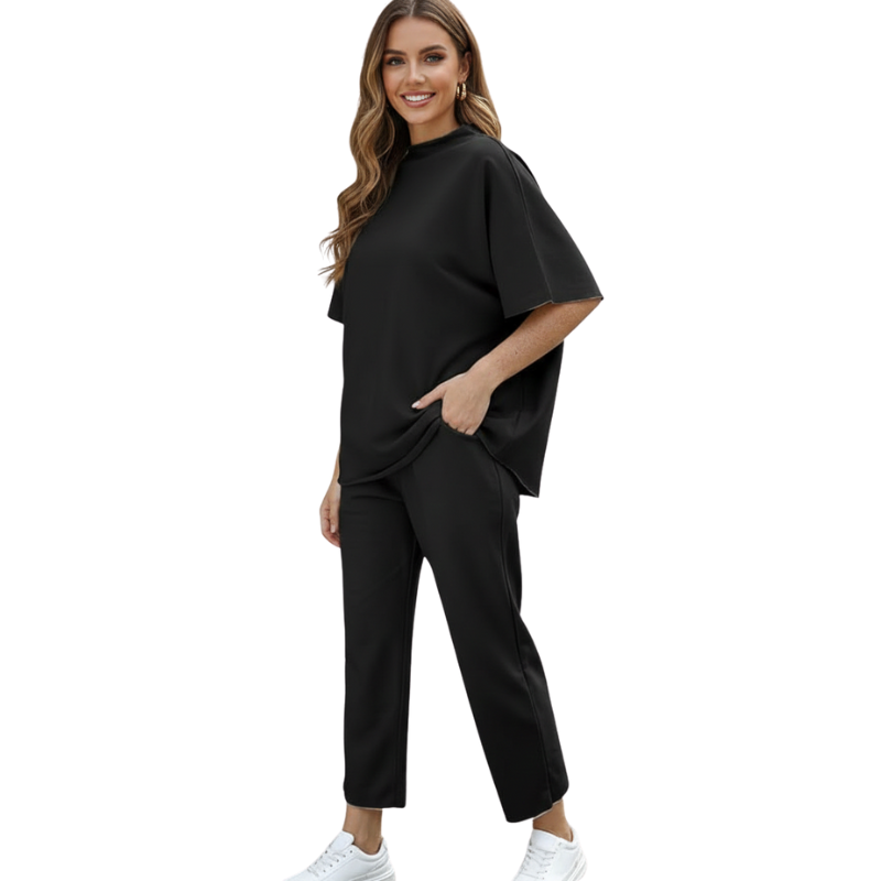 Womens Two Piece Outfits Batwing Sleeve Capelet Crew Neck Pullover Top Wide Leg Pants Lounge Set