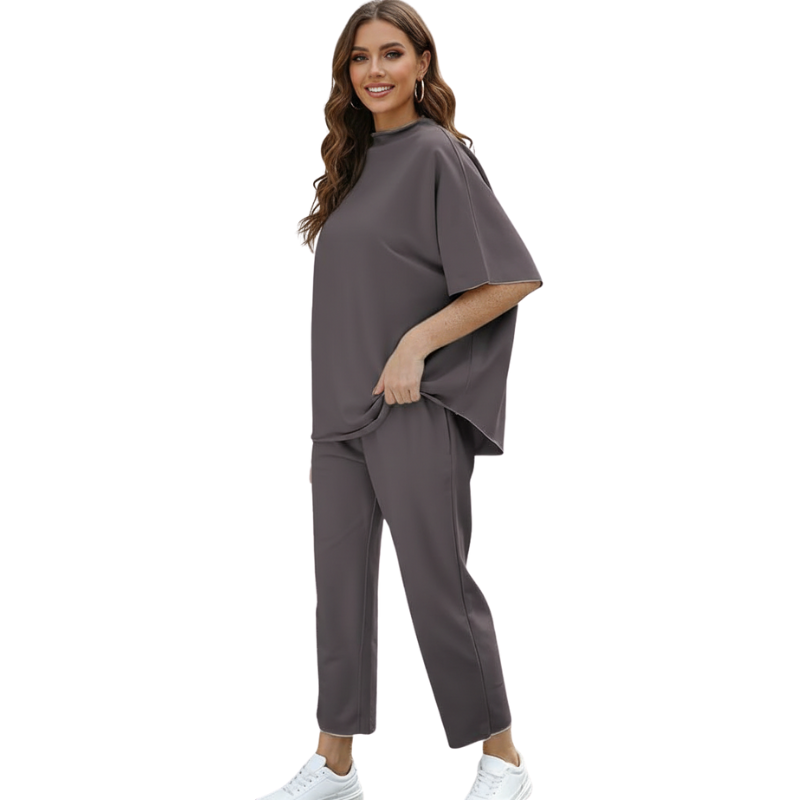 Womens Two Piece Outfits Batwing Sleeve Capelet Crew Neck Pullover Top Wide Leg Pants Lounge Set