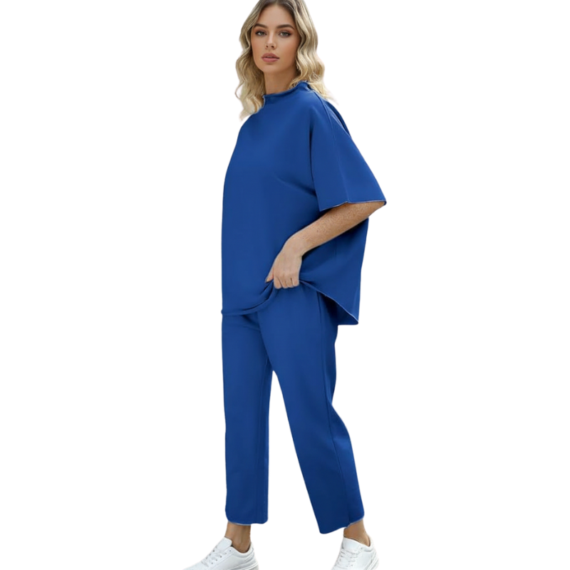 Womens Two Piece Outfits Batwing Sleeve Capelet Crew Neck Pullover Top Wide Leg Pants Lounge Set