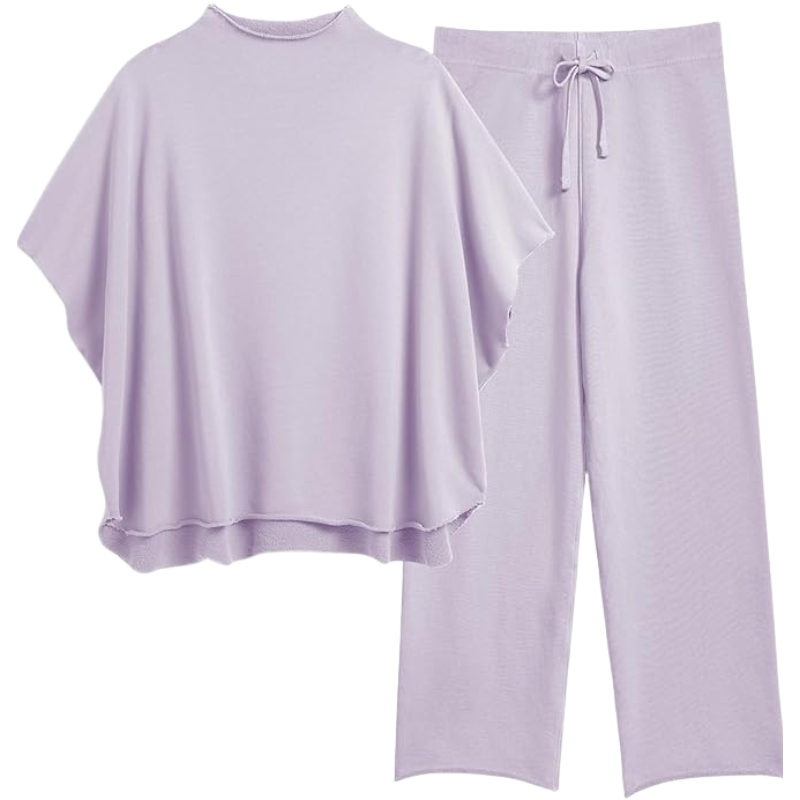 Womens Two Piece Outfits Batwing Sleeve Capelet Crew Neck Pullover Top Wide Leg Pants Lounge Set