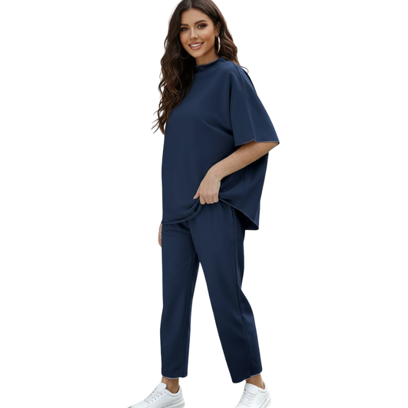 Womens Two Piece Outfits Batwing Sleeve Capelet Crew Neck Pullover Top Wide Leg Pants Lounge Set