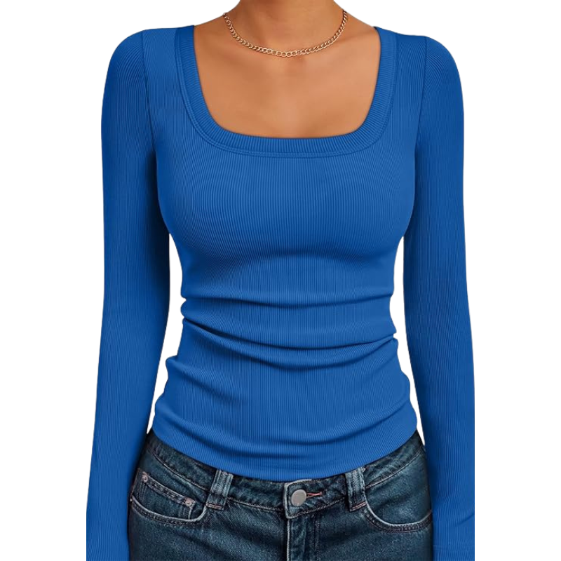 Womens Ribbed Square Neck Top Long Sleeve Slim Fit Basic Shirt For Fall Winter Spring Casual Crop Tee