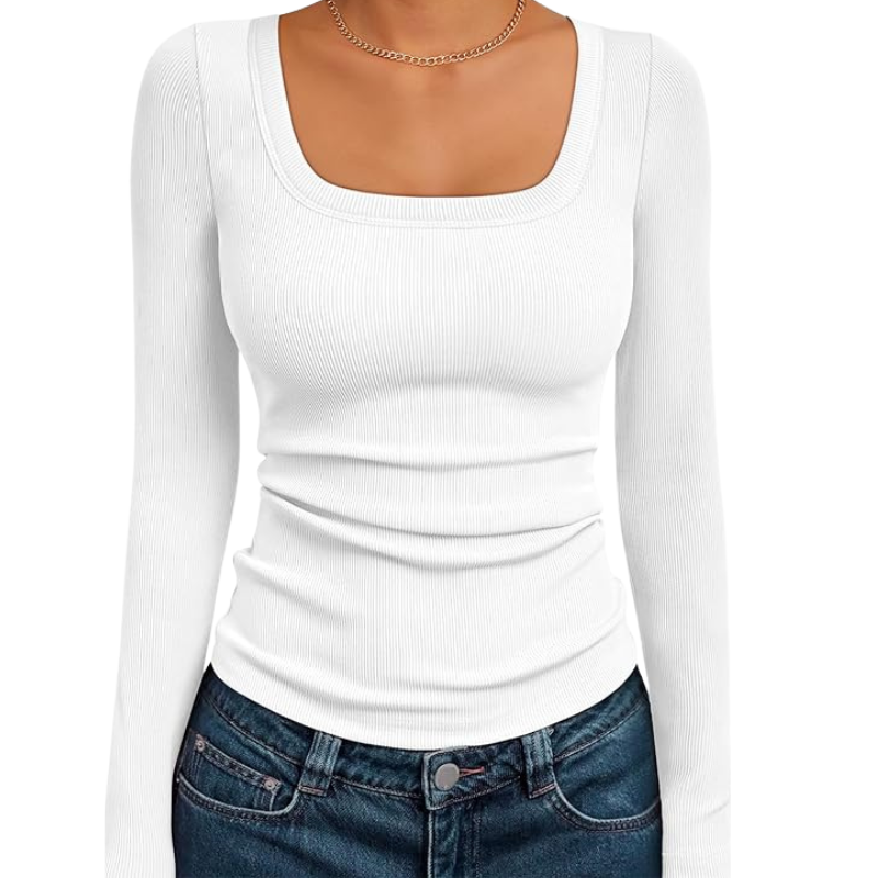 Womens Ribbed Square Neck Top Long Sleeve Slim Fit Basic Shirt For Fall Winter Spring Casual Crop Tee
