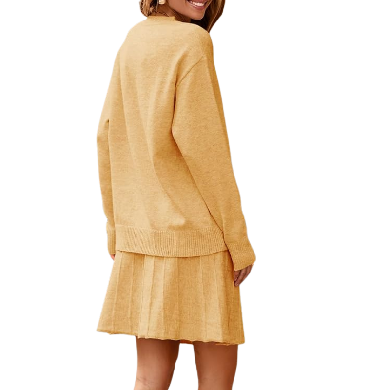 Womens Skirt 2 Piece Sweater Set Long Sleeve Crewneck Sweaters Pleated Mini Skirt Knit Lounge Sets