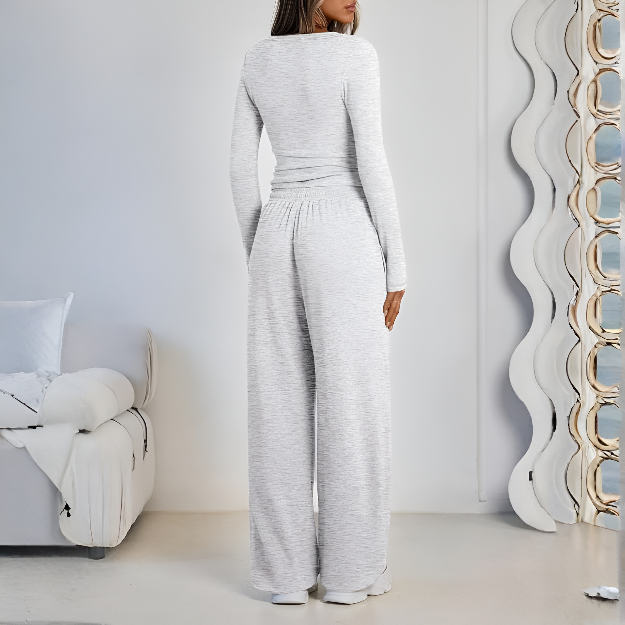 Two Piece Lounge Set With Long Sleeve Top And Drawstring Pants For Women