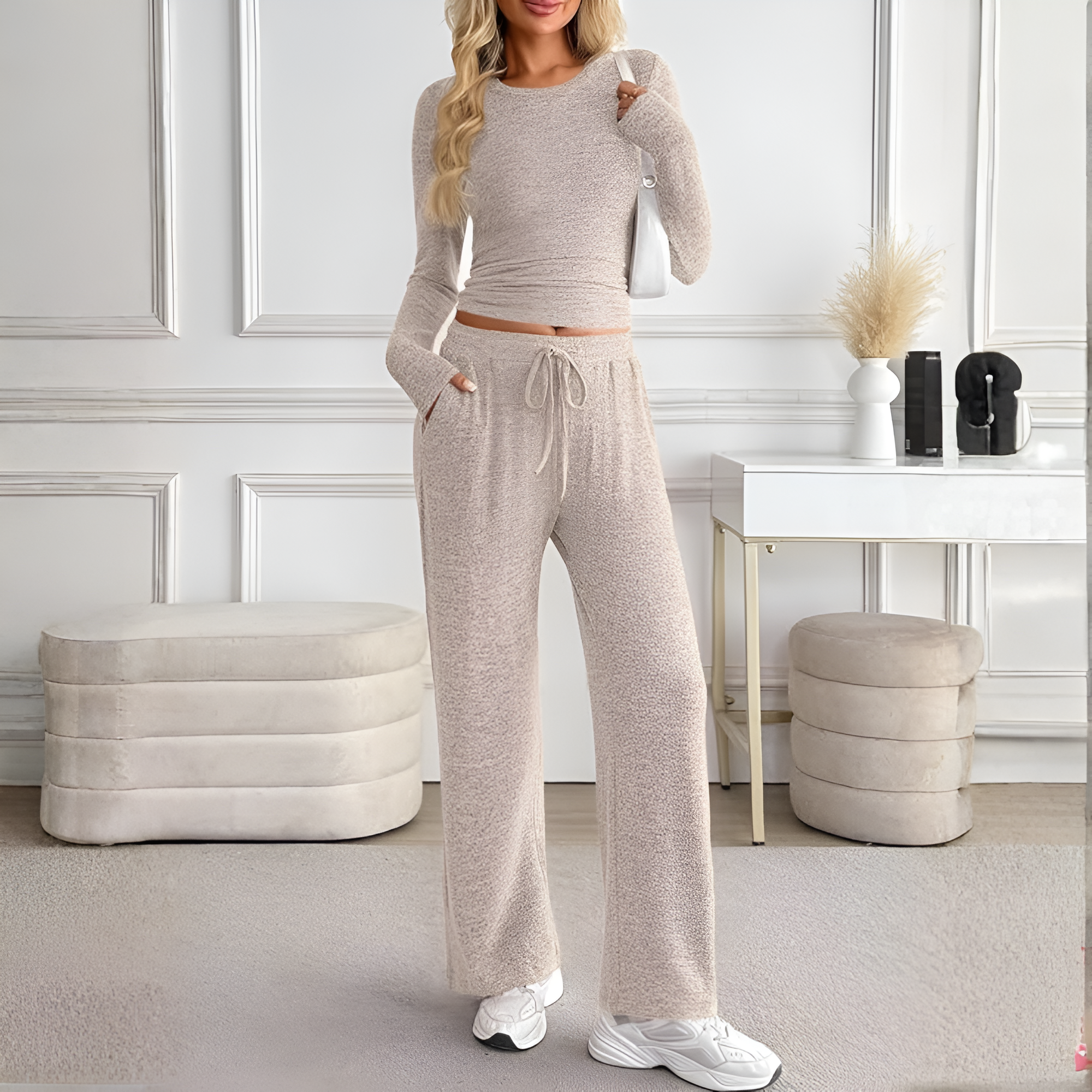 Two Piece Matching Knit Lounge Set For Travel And Vacation For Women