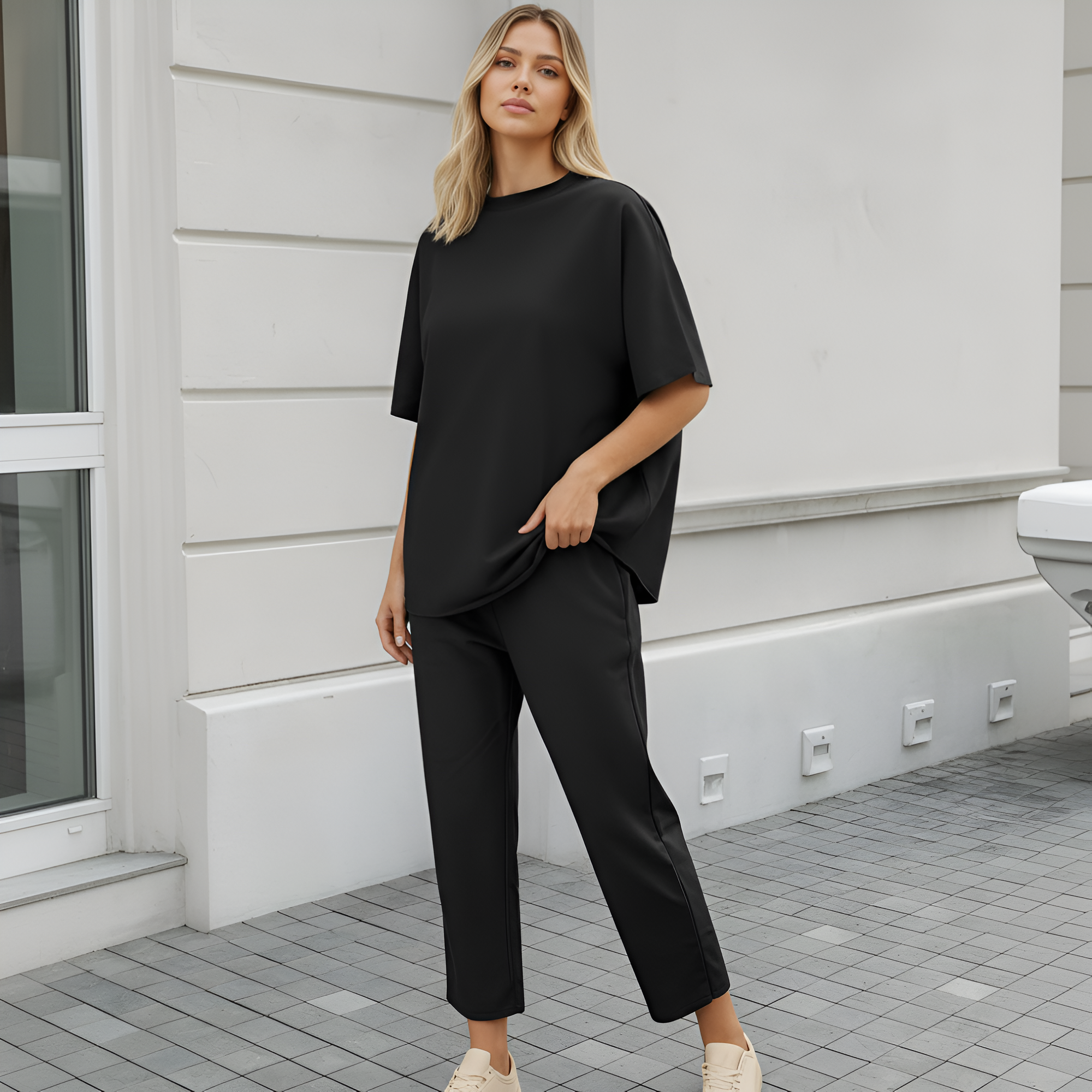 Two Piece Lounge Set With Batwing Sleeve Capelet Pullover Top And Wide Pants For Women