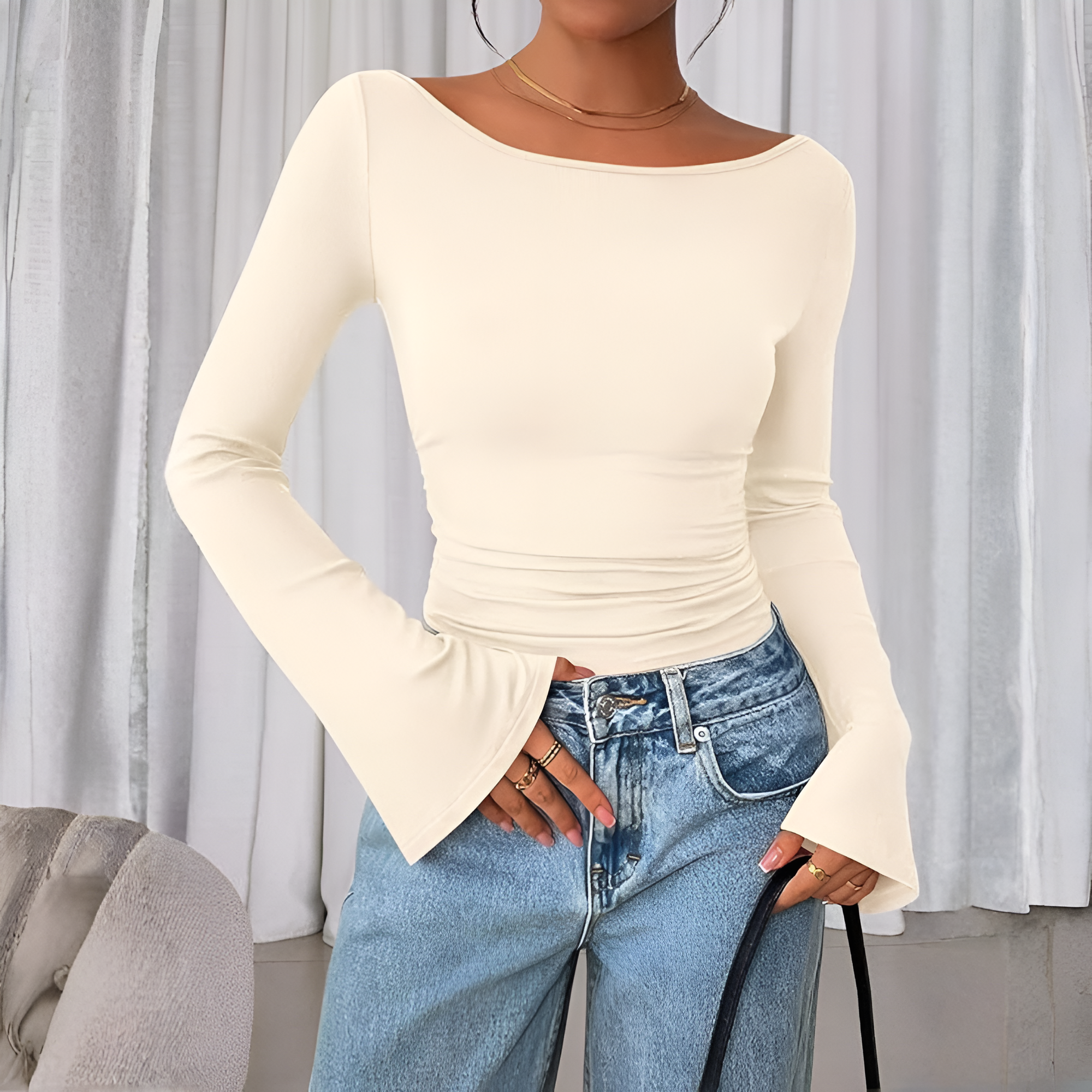 Ribbed Crop Top With Long Bell Sleeve For Women