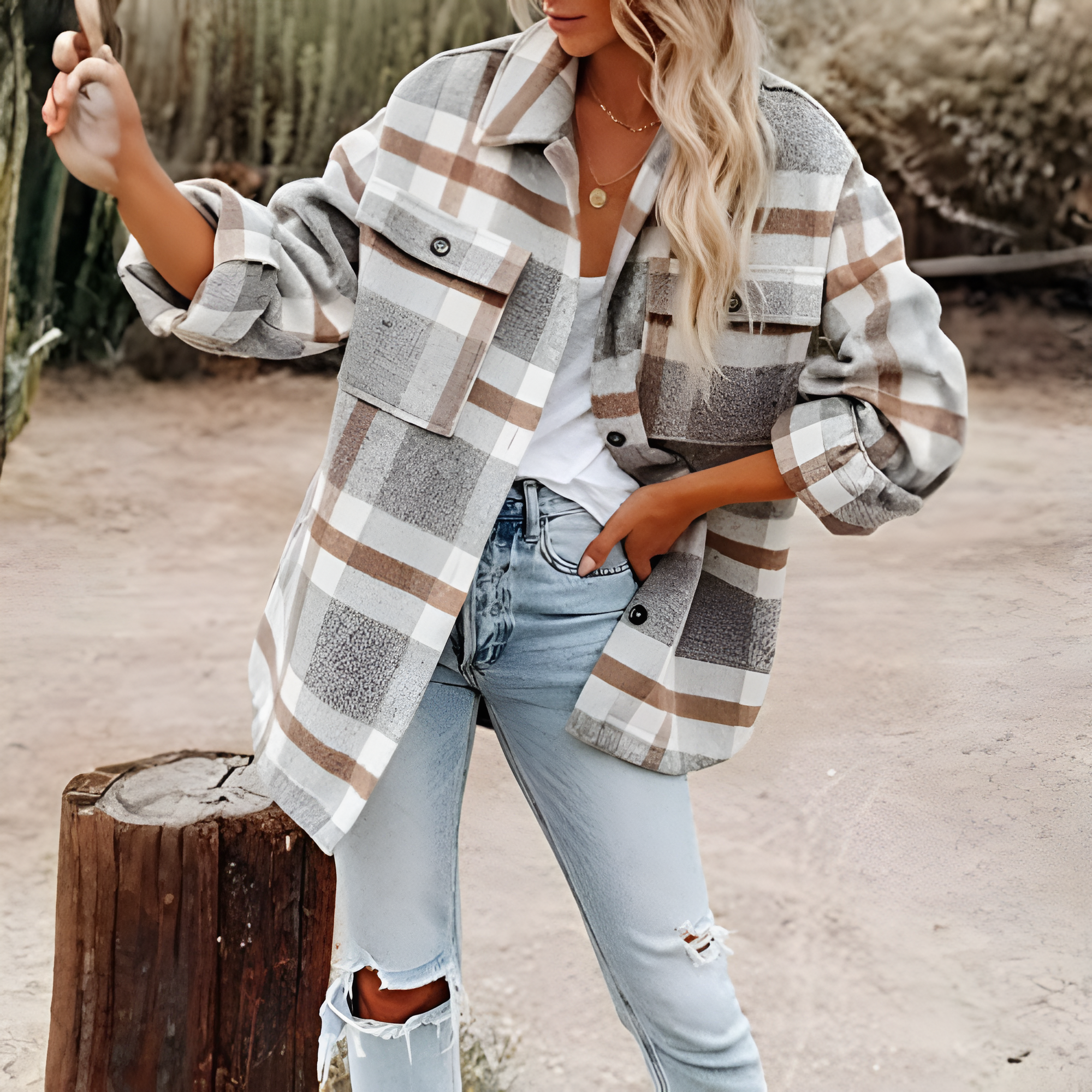 Plaid Design Oversized Long Sleeve Flannel Shacket For Women