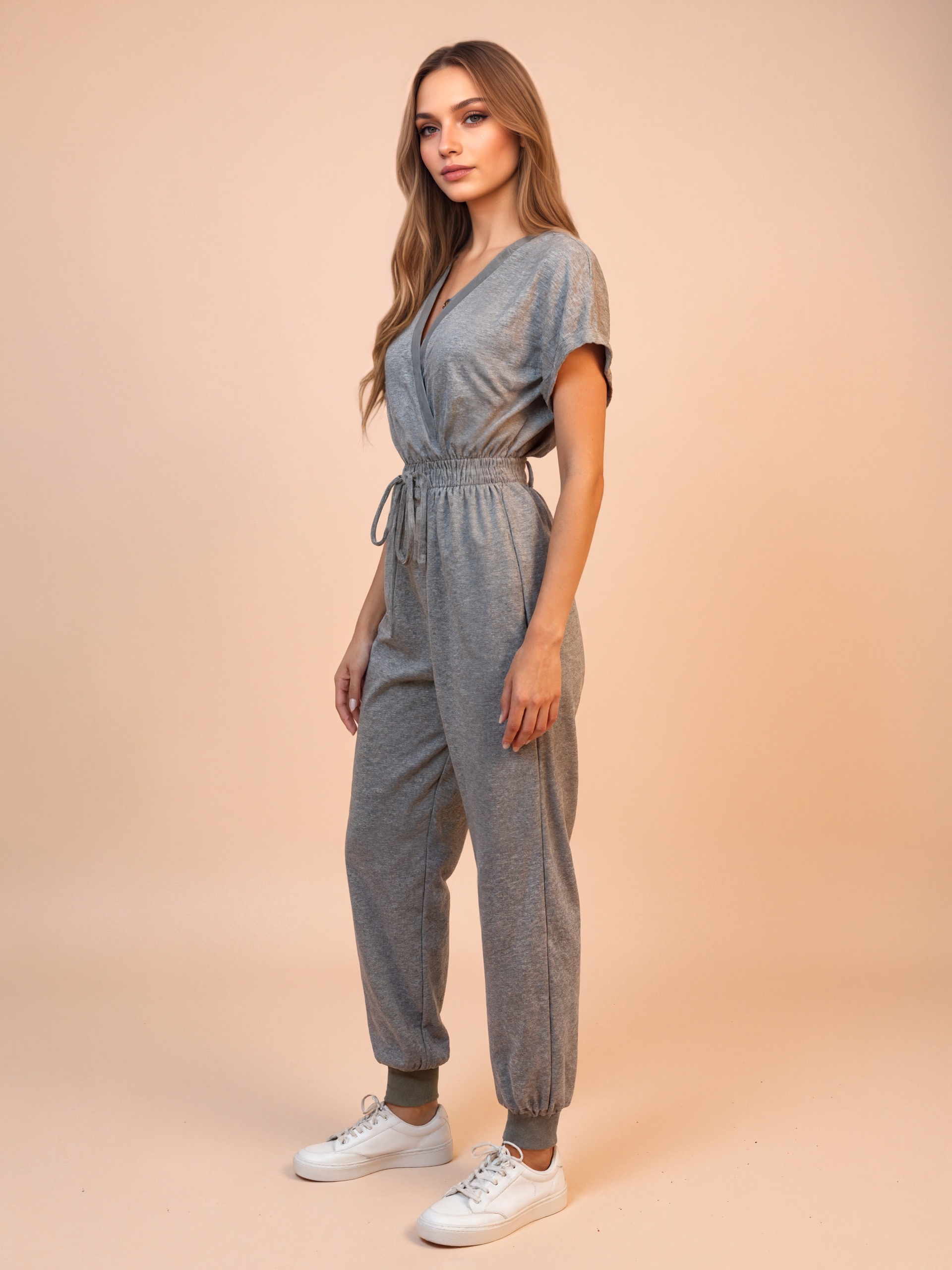 V Collar Drawstring Waist Jumpsuit