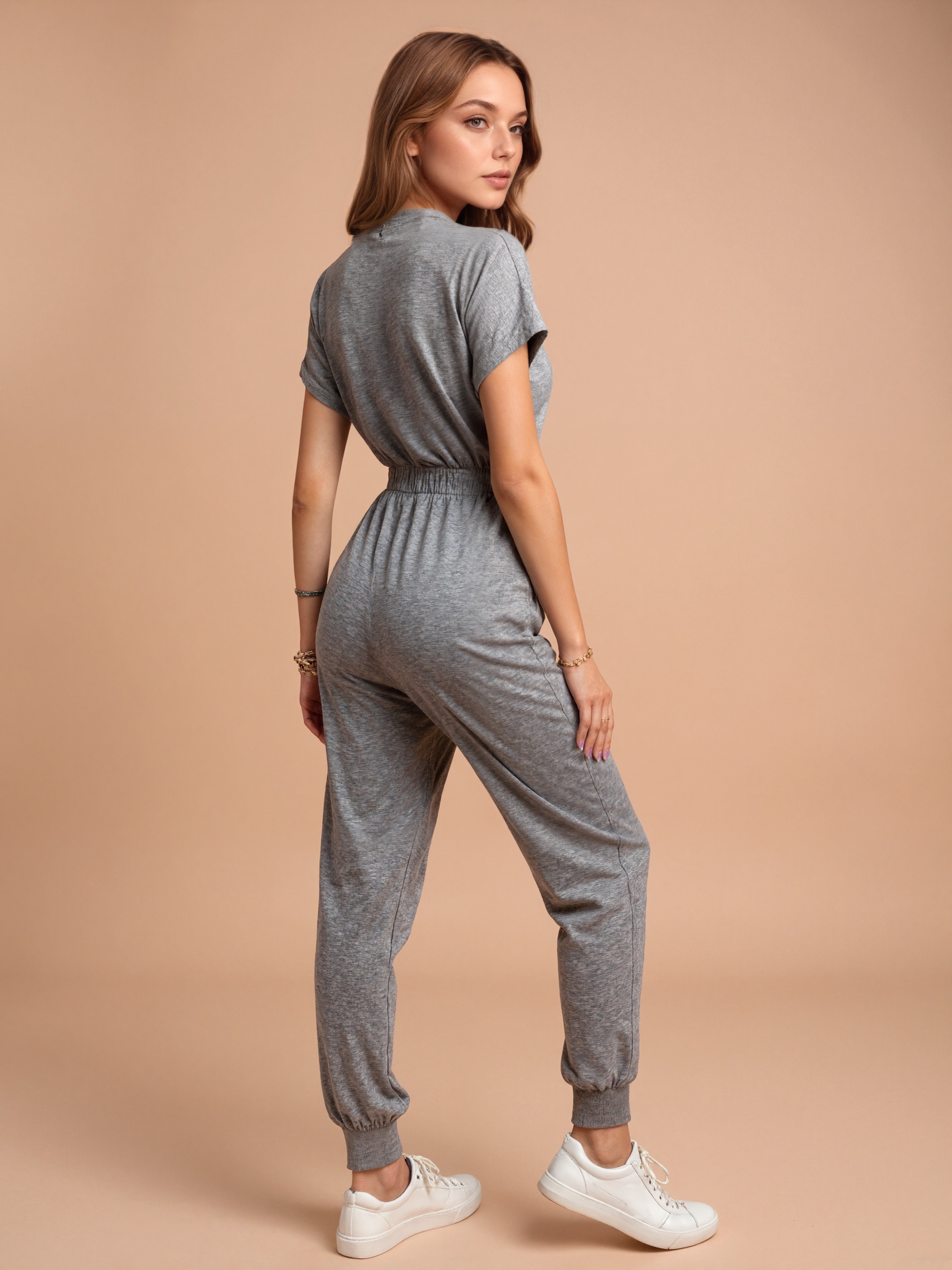 V Collar Drawstring Waist Jumpsuit