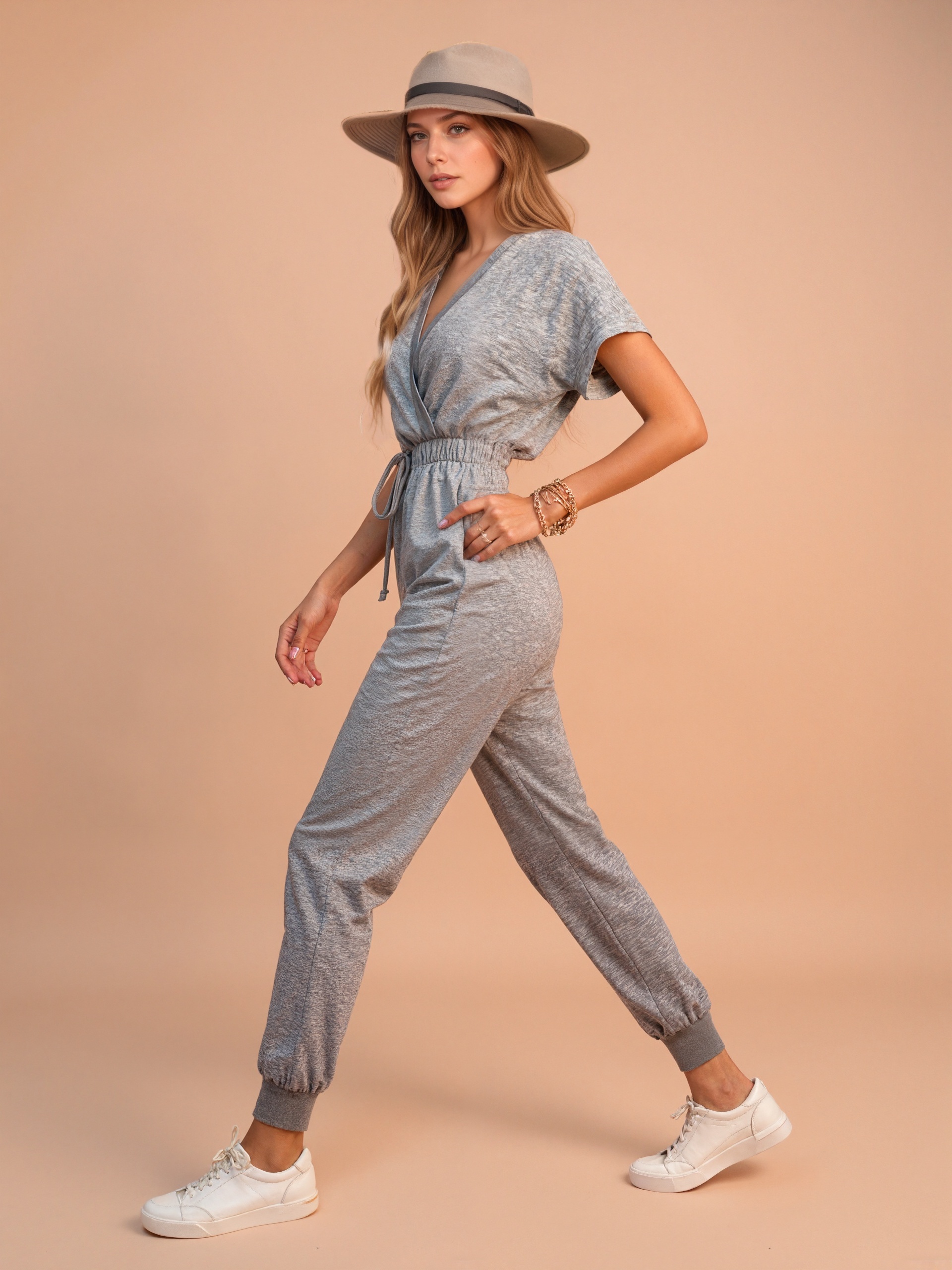 V Collar Drawstring Waist Jumpsuit