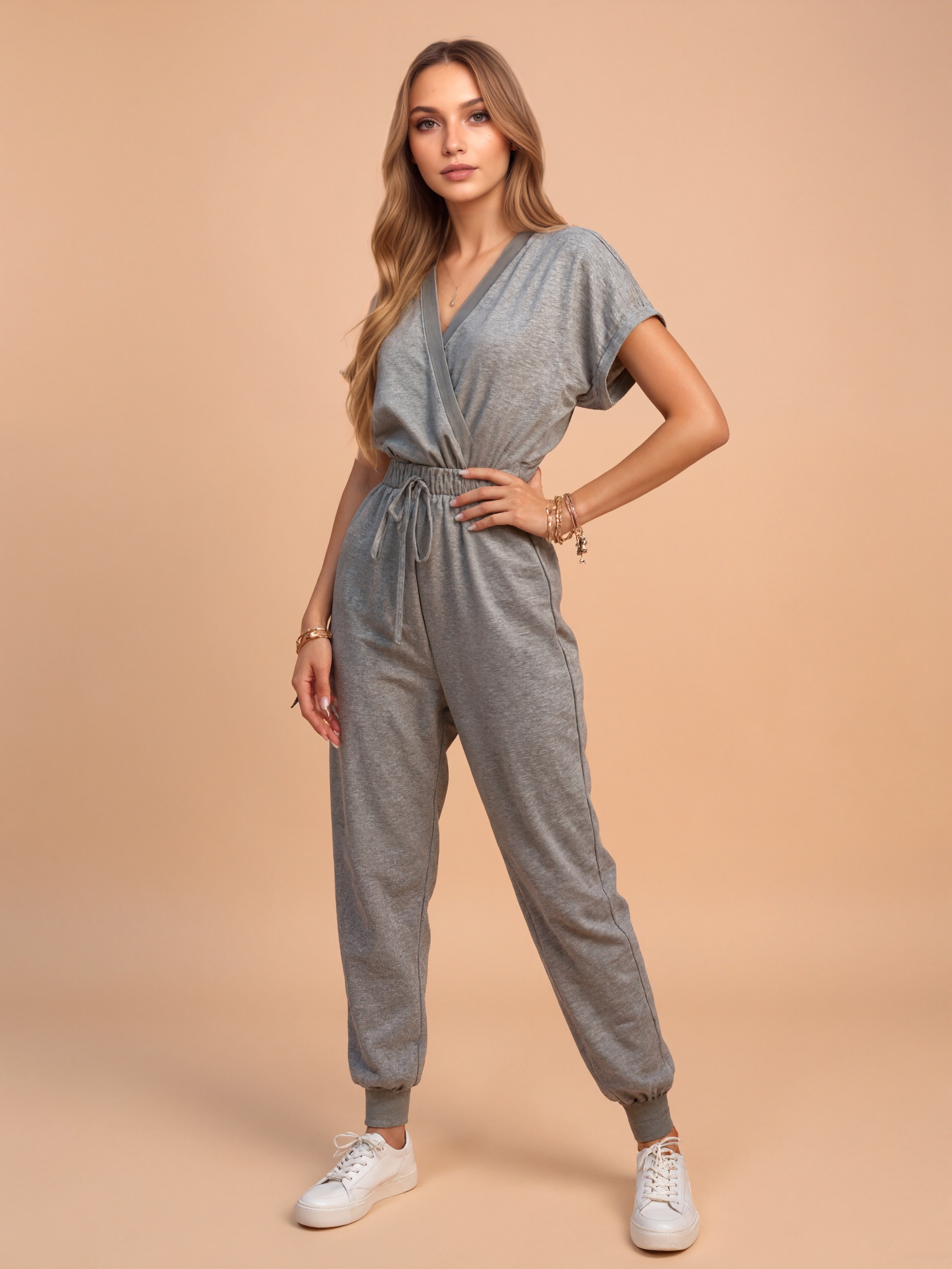 V Collar Drawstring Waist Jumpsuit