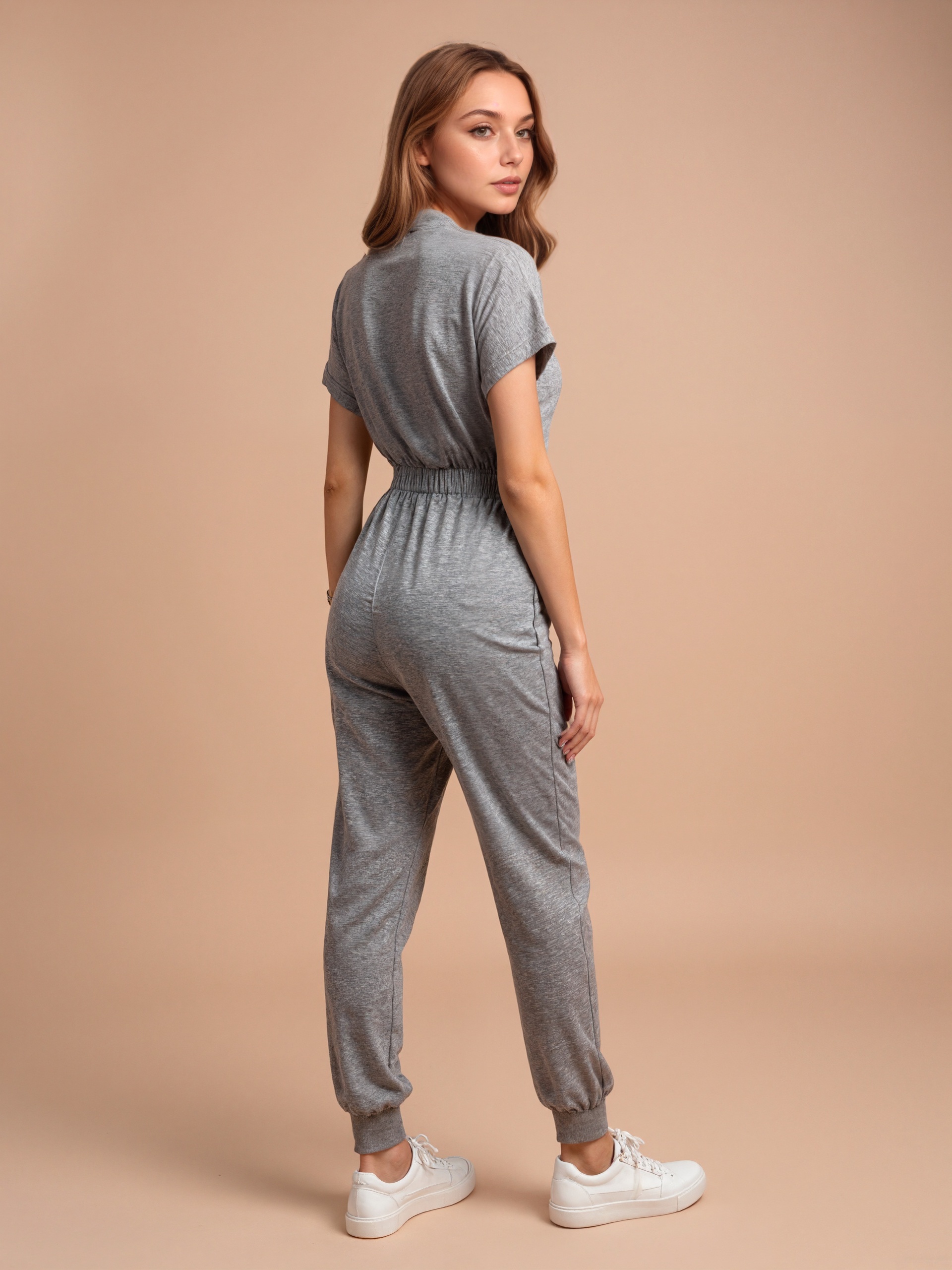 V Collar Drawstring Waist Jumpsuit