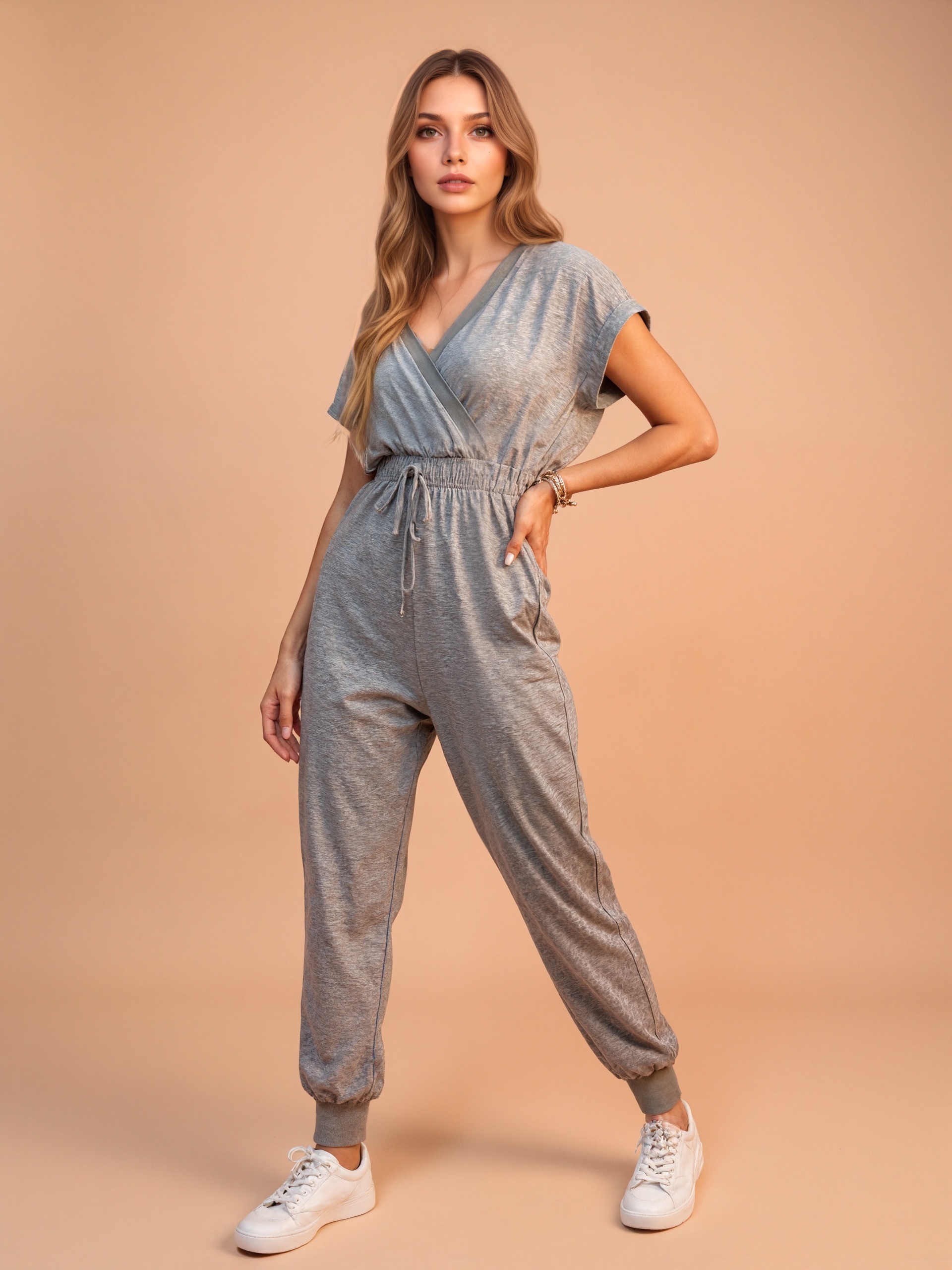 V Collar Drawstring Waist Jumpsuit