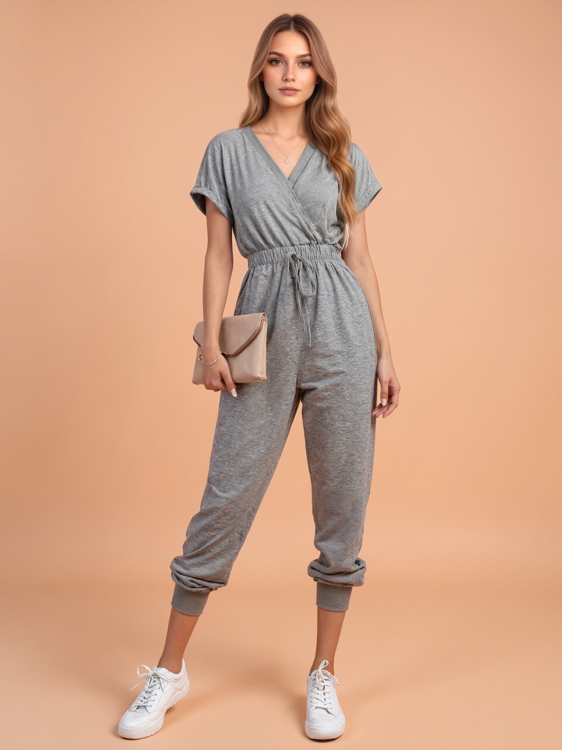 V Collar Drawstring Waist Jumpsuit