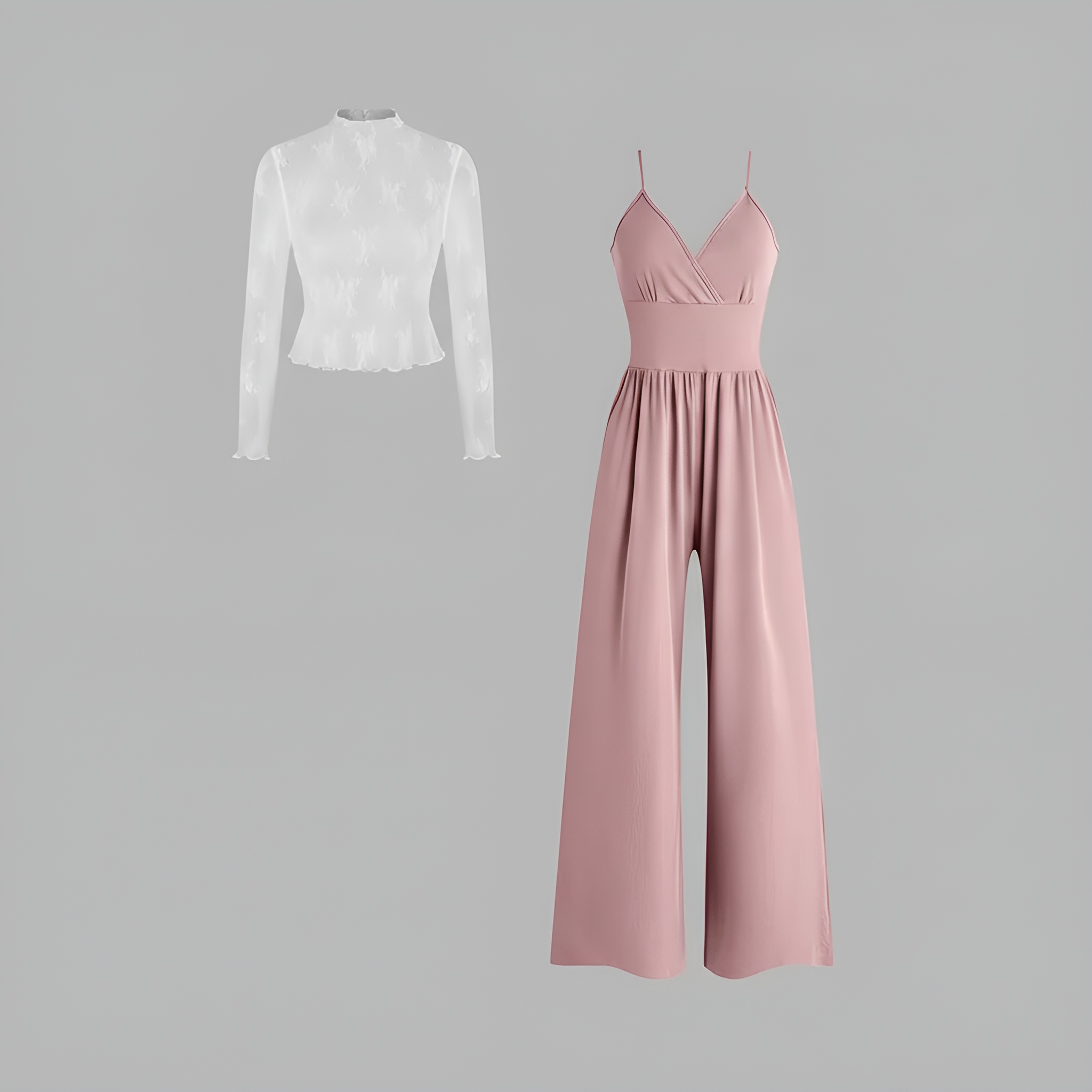 Lace Long Sleeve Tee Jumpsuit Set