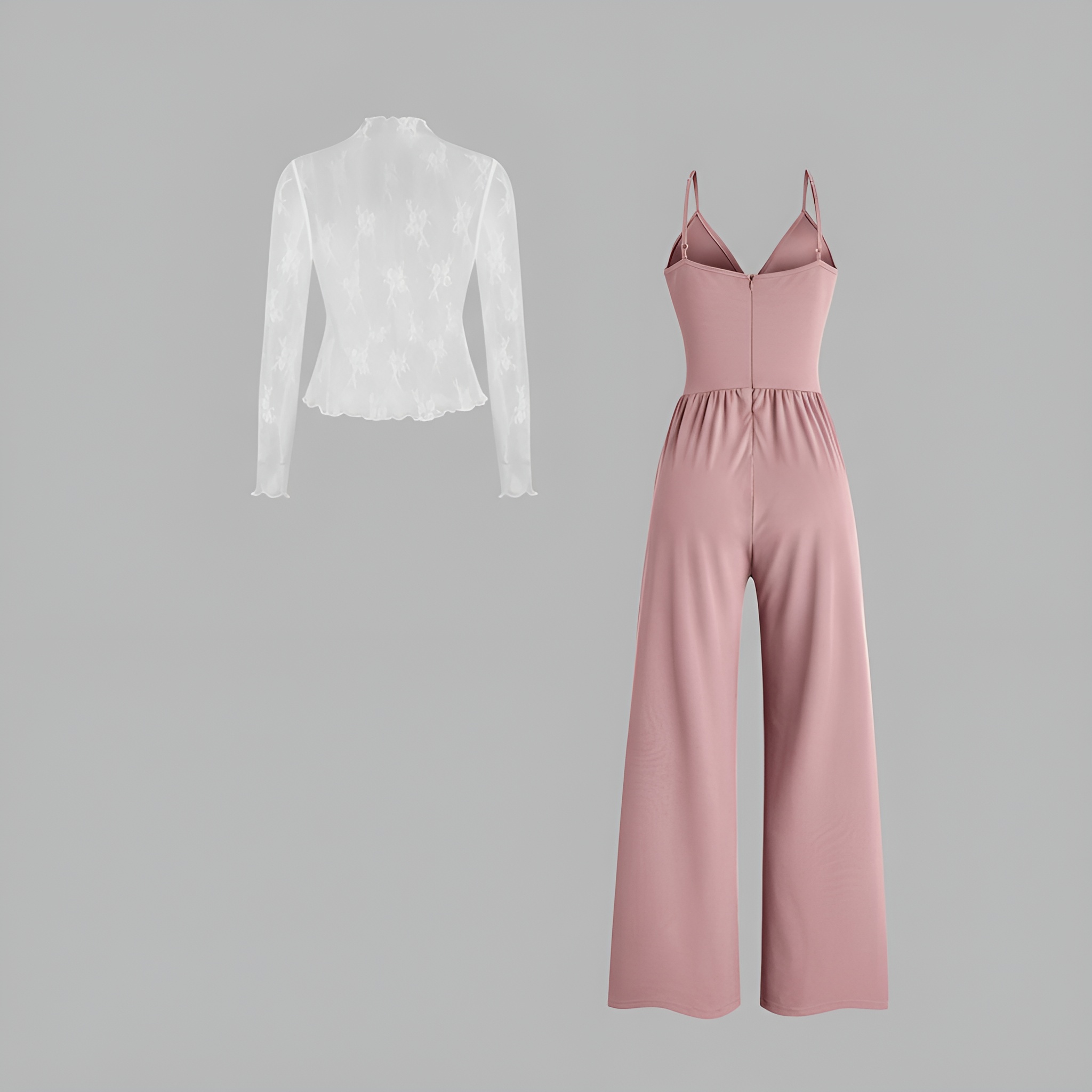 Lace Long Sleeve Tee Jumpsuit Set