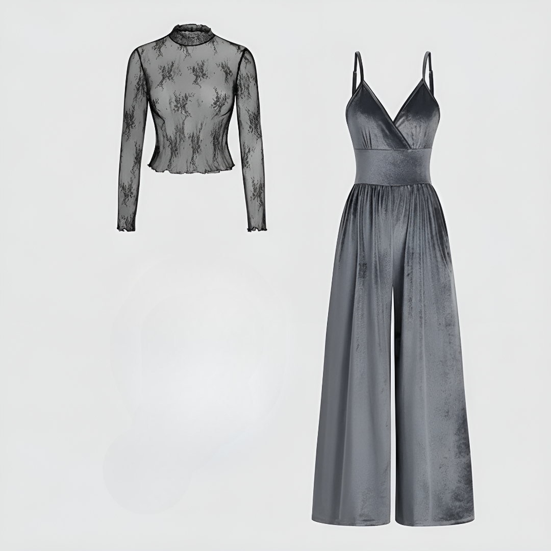 Lace Long Sleeve Tee Jumpsuit Set