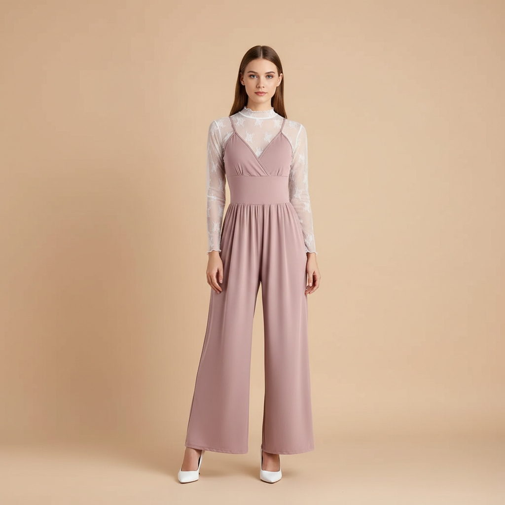 Casual Lace Jumpsuit With Long Sleeves Top 