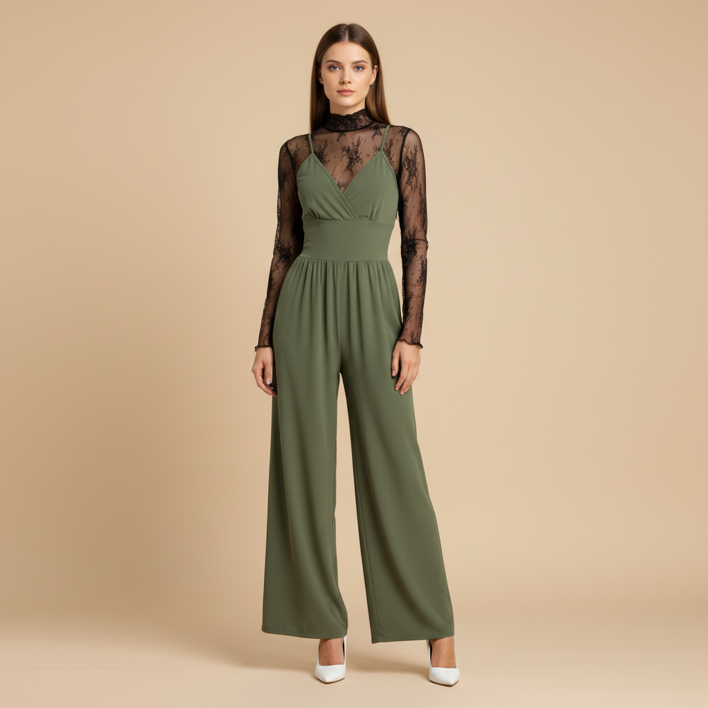 Casual Lace Jumpsuit With Long Sleeves Top 