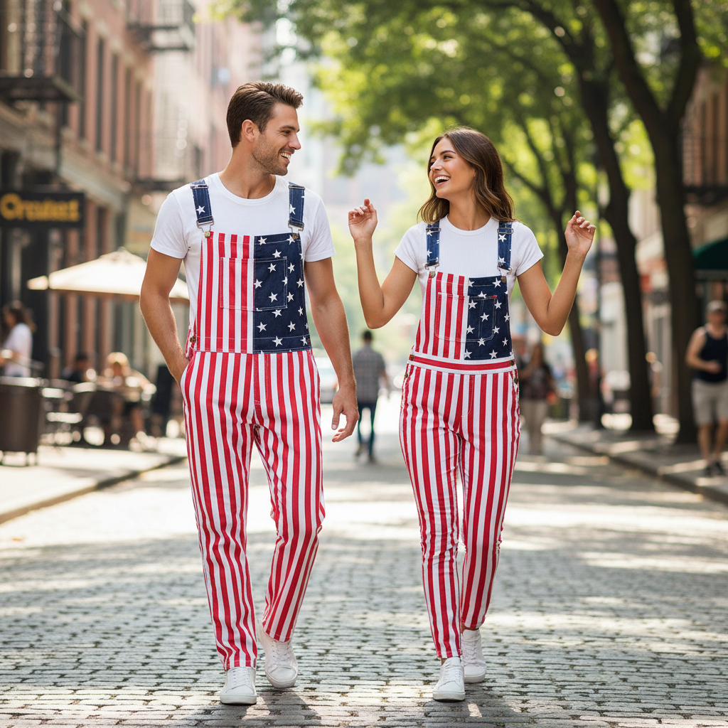 Irish Christmas Striped Denim Bib Overalls Jumpsuit With Adjustable Straps And Zip